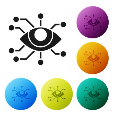 Siyah göz tarama simgesi beyaz arkaplanda izole edildi. Göz taraması yapılıyor. Güvenlik kontrol sembolü. Siber göz işareti. Renkli daire düğmelerini ayarlayın. Vektör İllüstrasyonu