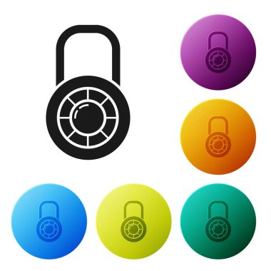 Siyah kasa kombinasyonu kilit tekeri simgesi beyaz arkaplanda izole edildi. Kombinasyon asma kilit. Güvenlik, güvenlik, koruma, şifre, gizlilik. Renkli daire düğmelerini ayarlayın. Vektör İllüstrasyonu