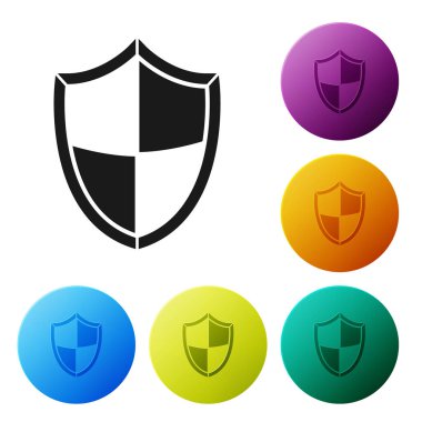 Siyah Kalkan simgesi beyaz arkaplanda izole edildi. Gardiyan. Güvenlik, güvenlik, koruma, gizlilik kavramı. Renkli daire düğmelerini ayarlayın. Vektör İllüstrasyonu