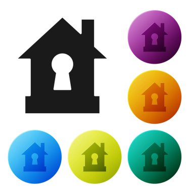 Siyah Ev koruma simgesi altında beyaz arka plan üzerinde izole. Koruma, güvenlik, güvenlik, koruma, savunma konsepti. Simgeleri renkli daire düğmeleri ayarlayın. Vektör İllüstrasyonu