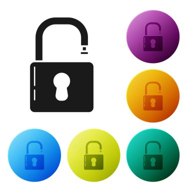 Black Open padlock icon isolated on white background. Opened lock sign. Cyber security concept. Digital data protection. Safety safety. Set icons colorful circle buttons. Vector Illustration