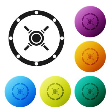 Siyah güvenli simgesi beyaz arka planda yalıtılmış. Kapı, bir kilit ile bir banka kasası güvenli. Güvenilir veri koruması. Simgeler renkli daire düğmelerini ayarlayın. Vektör Illustration