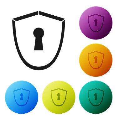 Beyaz arkaplanda izole edilmiş anahtar deliği simgesine sahip Kara Kalkan. Koruma, güvenlik kavramı. Güvenlik rozeti ikonu. Mahremiyet bayrağı. Savunma etiketi. Renkli daire düğmelerini ayarlayın. Vektör İllüstrasyonu