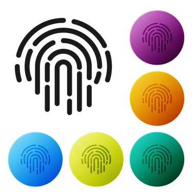 Beyaz arkaplanda siyah parmak izi simgesi izole edildi. Kimlik uygulama simgesi. Kimlik işareti. Kimliğe dokun. Renkli daire düğmelerini ayarlayın. Vektör İllüstrasyonu