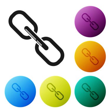 Siyah zincir bağlantısı simgesi beyaz arkaplanda izole edildi. Bağlantı bekar. Renkli daire düğmelerini ayarlayın. Vektör İllüstrasyonu