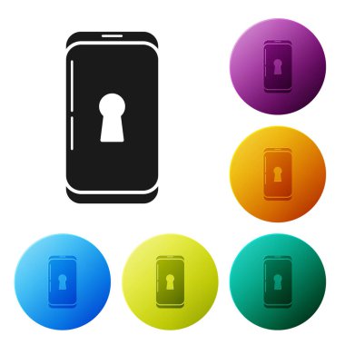 Beyaz arkaplanda kilit simgesi olan siyah akıllı telefon. Kilitli telefon. Gezici güvenlik, güvenlik, koruma konsepti. Renkli daire düğmelerini ayarlayın. Vektör İllüstrasyonu
