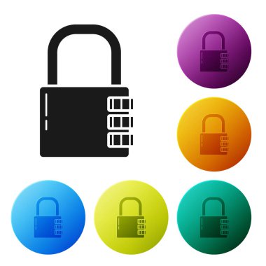 Siyah kasa şifreli kilit simgesi beyaz arkaplanda izole edildi. Kombinasyon asma kilit. Güvenlik, güvenlik, koruma, şifre, gizlilik. Renkli daire düğmelerini ayarlayın. Vektör İllüstrasyonu