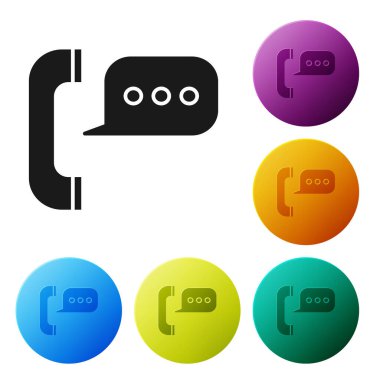 Konuşma baloncuğu sohbet simgesi olan siyah telefon beyaz arkaplanda izole edildi. Müşteri hizmetleri, yardım hattı, çağrı merkezi, faq, bakım. Renkli daire düğmelerini ayarlayın. Vektör İllüstrasyonu