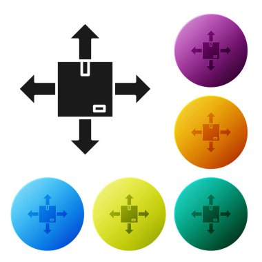 Beyaz zemin üzerinde trafik sembolü simgesi olan siyah karton kutu. Kutu, paket, paket işareti. Teslimat, ulaşım ve nakliye. Renkli daire düğmelerini ayarlayın. Vektör İllüstrasyonu