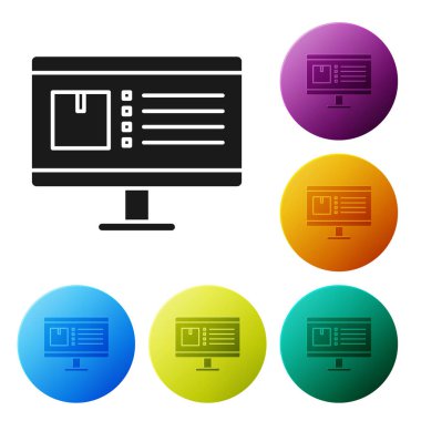 Siyah Bilgisayar monitörü beyaz arkaplanda izole edilmiş uygulama iletim simgesi. Paket takibi. Renkli daire düğmelerini ayarlayın. Vektör İllüstrasyonu