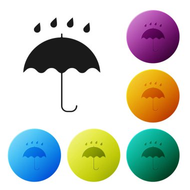 Siyah Şemsiye ve yağmur damlaları ikonu beyaz arkaplanda izole edilmiş. Su geçirmez ikon. Koruma, güvenlik, güvenlik kavramı. Suya dayanıklı sembol. Renkli daire düğmelerini ayarlayın. Vektör İllüstrasyonu