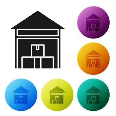 Siyah Depo simgesi beyaz arkaplanda izole edilmiş. Renkli daire düğmelerini ayarlayın. Vektör İllüstrasyonu