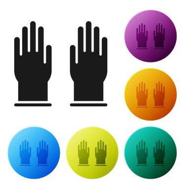 Siyah lastik eldiven ikonu beyaz arkaplanda izole edilmiş. Lateks el koruması işareti. Ev işi temizlik ekipmanları sembolü. Renkli daire düğmelerini ayarlayın. Vektör İllüstrasyonu