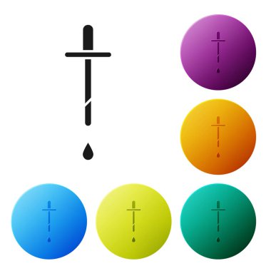 Siyah Pipette simgesi beyaz arkaplanda izole edildi. Tıbbi elementler, kimya laboratuarı ekipmanları. Damlalı boru. Tıp sembolü. Renkli daire düğmelerini ayarlayın. Vektör İllüstrasyonu