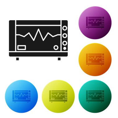 Beyaz zemin üzerinde kardiyogram simgesi olan siyah bilgisayar monitörü. Simge denetleniyor. Kalp atışı elle çizilmiş EKG monitörü. Renkli daire düğmelerini ayarlayın. Vektör İllüstrasyonu