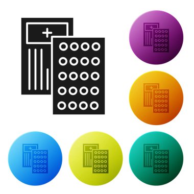 Siyah haplar beyaz arka planda izole edilmiş. İlaç paketi. Tablet, vitamin, antibiyotik, aspirin. Renkli daire düğmelerini ayarlayın. Vektör İllüstrasyonu