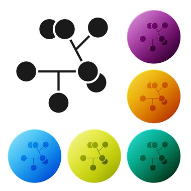 Beyaz arkaplanda siyah molekül simgesi izole edildi. Kimya moleküllerinin yapısı, fen öğretmenlerinin yenilikçi eğitim posteri. Renkli daire düğmelerini ayarlayın. Vektör İllüstrasyonu