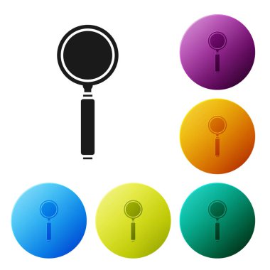 Beyaz arka planda siyah büyüteç simgesi izole edildi. Arama, odaklanma, yakınlaştırma, iş sembolü. Renkli daire düğmelerini ayarlayın. Vektör İllüstrasyonu