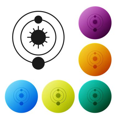 Siyah Güneş Sistemi simgesi beyaz arkaplanda izole edildi. Gezegenler yıldızın etrafında dönerler. Renkli daire düğmelerini ayarlayın. Vektör İllüstrasyonu