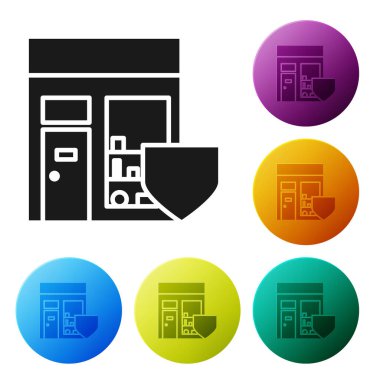 Beyaz zemin üzerinde kalkan simgesi olan siyah alışveriş binası. Sigorta konsepti. Güvenlik, güvenlik, koruma, konsept koruma. Renkli daire düğmelerini ayarlayın. Vektör İllüstrasyonu