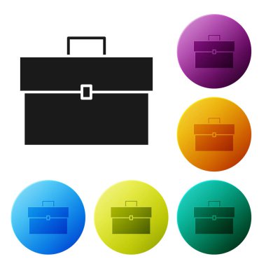 Siyah evrak çantası simgesi beyaz arka planda yalıtılmış. İş davası işareti. İş portföyü. Simgeler renkli daire düğmelerini ayarlayın. Vektör Illustration