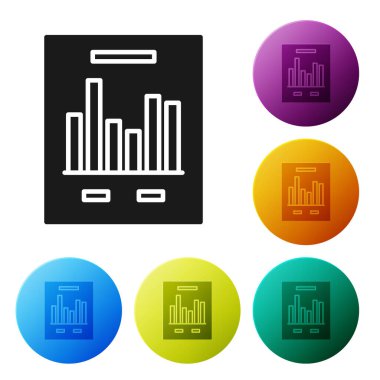 Siyah belge grafik grafik simgesi beyaz arka planda yalıtılmış. Rapor metin dosyası simgesi. Hesap işareti. Denetim, analiz, planlama. Simgeler renkli daire düğmelerini ayarlayın. Vektör Illustration