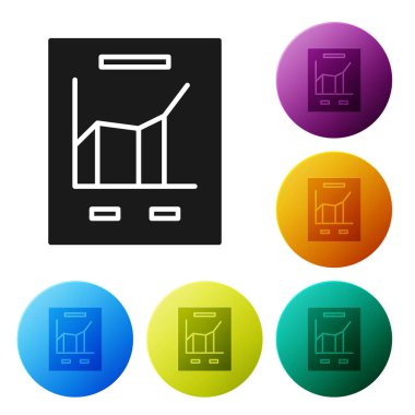 Siyah belge grafik grafik simgesi beyaz arka planda yalıtılmış. Rapor metin dosyası simgesi. Hesap işareti. Denetim, analiz, planlama. Simgeler renkli daire düğmelerini ayarlayın. Vektör Illustration