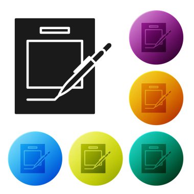 Siyah boş dizüstü ve kalem simgesi beyaz arka planda yalıtılmış. Kağıt ve kalem. Simgeler renkli daire düğmelerini ayarlayın. Vektör Illustration