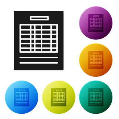 Siyah Rapor dosya simgesi beyaz arkaplanda izole edildi. Kontrol listesi simgesi. İş konsepti. Renkli daire düğmelerini ayarlayın. Vektör İllüstrasyonu