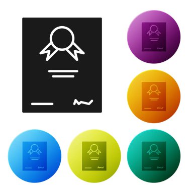 Beyaz arkaplanda siyah sertifika şablon simgesi izole edildi. Başarı, ödül, diploma, burs, diploma. İş başarısı sertifikası Renkli daire düğmelerini ayarlayın. Vektör İllüstrasyonu