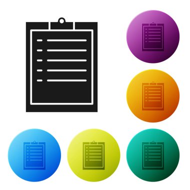 Beyaz arkaplanda kontrol listesi simgesi olan siyah pano izole edildi. Renkli daire düğmelerini ayarlayın. Vektör İllüstrasyonu