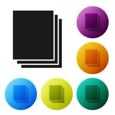 Siyah temiz kağıt simgesi beyaz arkaplanda izole edilmiş. Dosya simgesi. Kontrol listesi simgesi. İş konsepti. Renkli daire düğmelerini ayarlayın. Vektör İllüstrasyonu