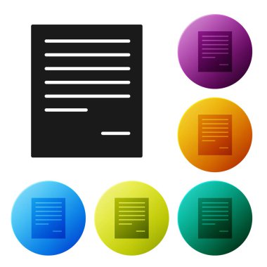 Siyah belge simgesi beyaz arka planda yalıtılmış. Dosya simgesi. Kontrol listesi simgesi. İş konsepti. Simgeler renkli daire düğmelerini ayarlayın. Vektör Illustration