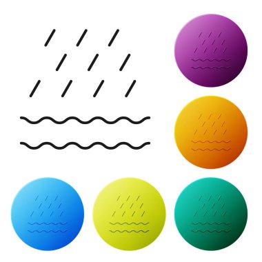 Siyah Yağmur ve dalga simgesi beyaz arkaplanda izole edilmiş. Yağmur damlaları ile yağmur bulutu yağışı. Renkli daire düğmelerini ayarlayın. Vektör İllüstrasyonu