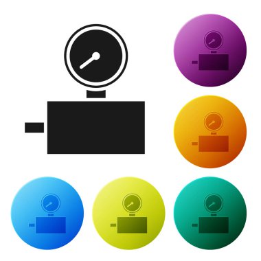 Siyah Ölçek simgesi beyaz arkaplanda izole edildi. Memnuniyet, sıcaklık, manometre, risk, değerlendirme, performans, hız taktik ölçer. Renkli daire düğmelerini ayarlayın. Vektör İllüstrasyonu
