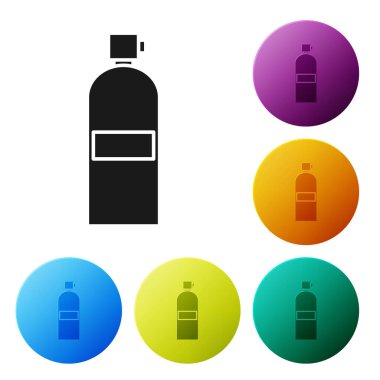 Siyah Aqualung simgesi beyaz arkaplanda izole edildi. Dalgıçlar için oksijen tüpü. Dalış ekipmanları. Olağanüstü bir spor. Su altı ekipmanları. Renkli daire düğmelerini ayarlayın. Vektör İllüstrasyonu