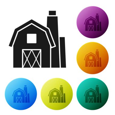 Siyah Farm House kavramı simge beyaz arka planda izole. Rustik çiftlik peyzaj. Simgeler renkli daire düğmelerini ayarlayın. Vektör Illustration