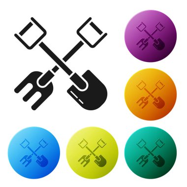 Beyaz arka planda siyah kürek ve tırmık simgesi izole edildi. Bahçecilik, tarım, bahçıvanlık, çiftçilik aletleri. Toprak işçisi. Renkli daire düğmelerini ayarlayın. Vektör İllüstrasyonu