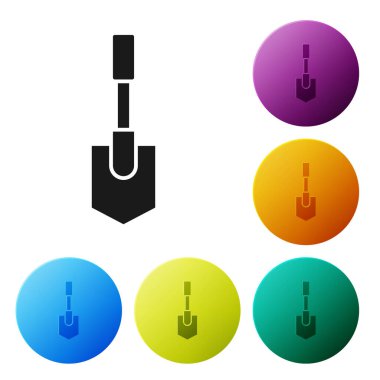 Siyah Kürek simgesi beyaz arka plan üzerinde izole. Bahçıvanlık aleti. Bahçecilik, tarım, tarım için bir araç. Simgeleri renkli daire düğmeleri ayarlayın. Vektör İllüstrasyonu