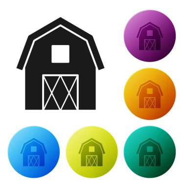Siyah Farm House kavramı simge beyaz arka planda izole. Rustik çiftlik peyzaj. Simgeler renkli daire düğmelerini ayarlayın. Vektör Illustration