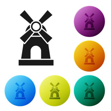 Siyah Yel Değirmeni simgesi beyaz arka plan üzerinde izole. Simgeleri renkli daire düğmeleri ayarlayın. Vektör İllüstrasyonu