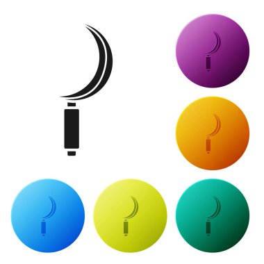 Siyah Orak simgesi beyaz arkaplanda izole edildi. Kanca işaretini topluyorum. Renkli daire düğmelerini ayarlayın. Vektör İllüstrasyonu