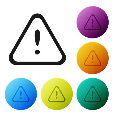 Beyaz arkaplanda siyah ünlem işareti var. Tehlike uyarısı, dikkat, dikkat, tehlike uyarısı önemli bir işaret. Renkli daire düğmelerini ayarlayın. Vektör İllüstrasyonu