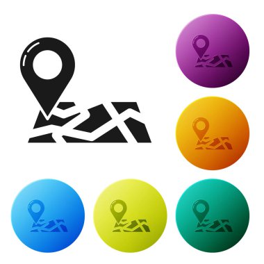 Beyaz arkaplanda konum belirleyici simgesi olan siyah katlı harita. Renkli daire düğmelerini ayarlayın. Vektör İllüstrasyonu