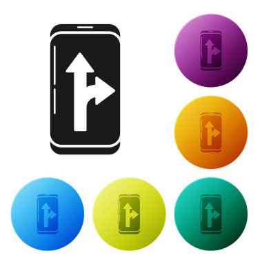 Siyah Infographic şehir haritası navigasyon simgesi beyaz arka planda izole. Mobil uygulama arayüzü konsept tasarımı. Geolacation kavramı. Simgeler renkli daire düğmelerini ayarlayın. Vektör Illustration