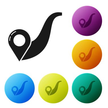 Siyah rota konumu simgesi beyaz arka planda yalıtılmış. Harita işaretçisi işareti. Yol veya yol kavramı. GPS navigasyon cihazı. Simgeler renkli daire düğmelerini ayarlayın. Vektör Illustration