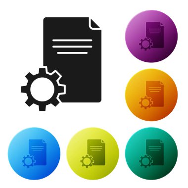 Siyah Dosya belge simgesi beyaz arkaplanda izole edildi. Ayarlama, servis, ayar, bakım, onarım, onarım. Renkli daire düğmelerini ayarlayın. Vektör İllüstrasyonu