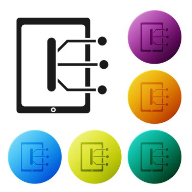 Siyah Tablet simgesi beyaz arkaplanda izole edildi. Renkli daire düğmelerini ayarlayın. Vektör İllüstrasyonu