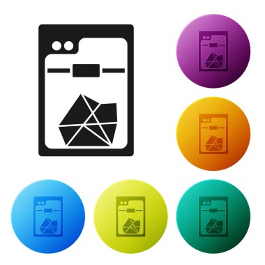 Siyah 3d yazıcı simgesi beyaz arkaplanda izole edildi. Renkli daire düğmelerini ayarlayın. Vektör İllüstrasyonu