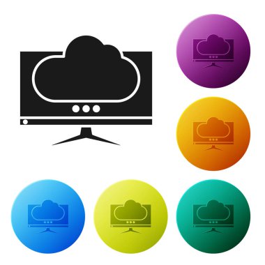 Siyah bilgisayar monitör ekran simgesi beyaz arka planda yalıtılmış. Elektronik cihaz. Ön görünüm. Simgeler renkli daire düğmelerini ayarlayın. Vektör Illustration